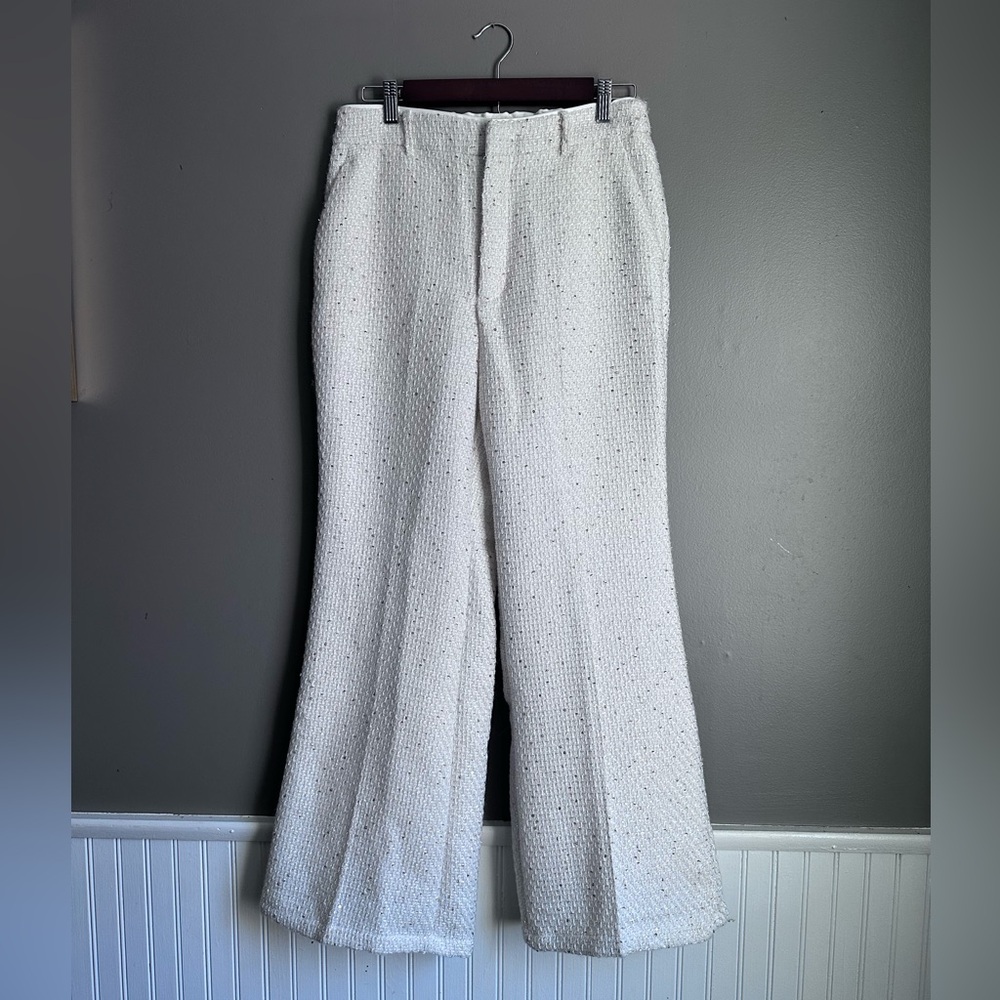 Wide Leg High Rise Dress Pants Women’s Large Cream Gold Sequin Trousers